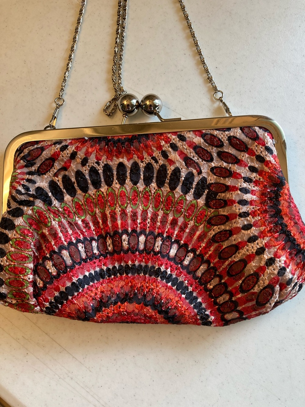Street Level Red Multi-Color Knit Frame Clutch with Chain